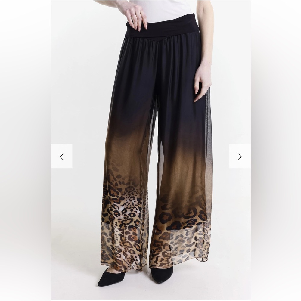 Tina Stephens 100% Silk Made In Italy Ombre Leopard Sadie Wide Leg‎ Pants OS